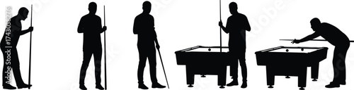Silhouette of men playing pool, billiards players standing and aiming, snooker cue sport illustration, indoor leisure game concept art