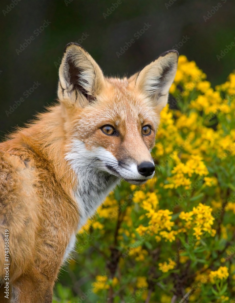 Fototapeta premium Red fox portrait with vibrant yellow flowers