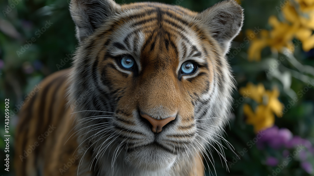 Obraz premium Magnificent tiger with striking blue eyes in lush surroundings