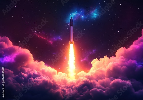 Spectacular Rocket Launch Amidst Colorful Clouds and Distant Stars