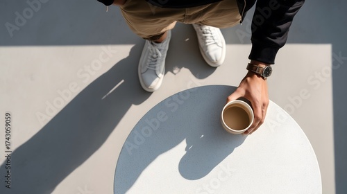 Man holding coffee cup on table with shadows