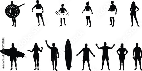 Silhouette of people in swimwear with surfboard and float, summer beach vacation concept, water fun, surfing, leisure lifestyle illustration