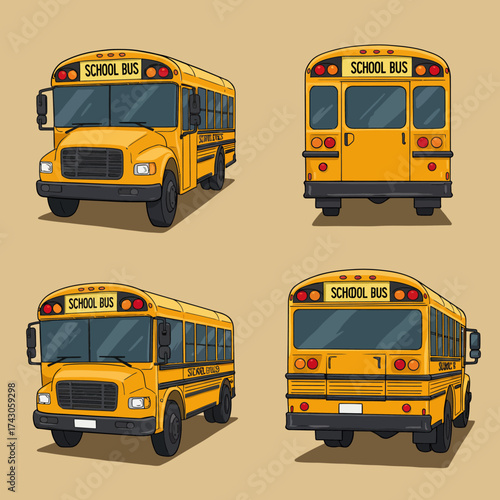 School Bus Vector Illustration Set with Multiple Angles