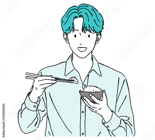 お茶碗と箸でご飯（白米）を食べる男性の線画イラスト,食事,和食,笑顔