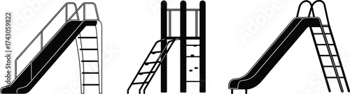 Silhouette of playground slides for children, outdoor park play equipment, recreation fun vector design, kids amusement structure, activity illustration