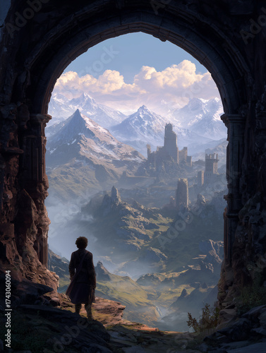 fantasy book cover with antagonist looking through ancient ruins