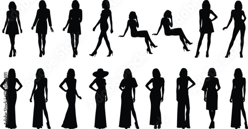 Women silhouettes, fashion poses, elegant dresses, casual outfits, walking stance, sitting posture, vector design, black icons, stylish shapes, female figures
