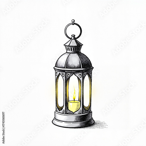 Vintage lantern illuminating candle, intricate design, elegant concept
