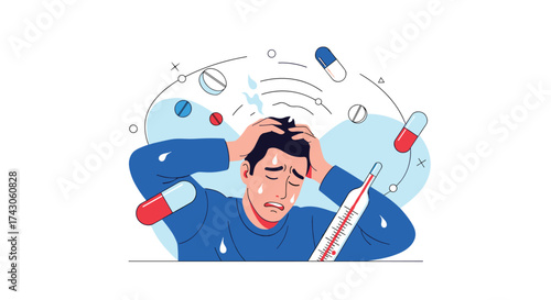 Feeling unwell and stressed with a headache and fever from illness.
