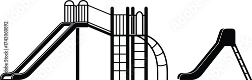 Silhouette of playground slides for children, outdoor park play equipment, recreation fun design, kids amusement structure, activity vector illustration