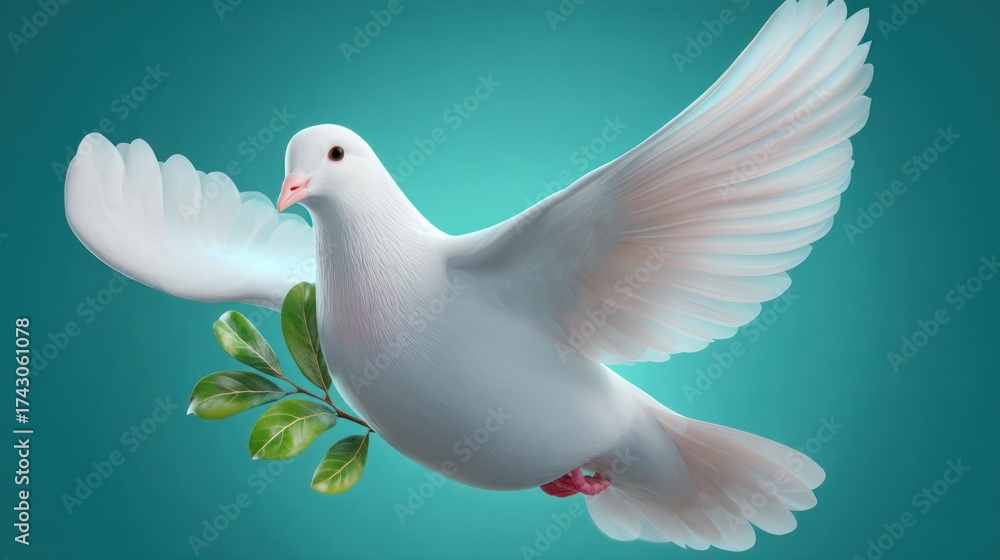 Fototapeta premium A white dove in flight, holding a green olive branch against a teal background