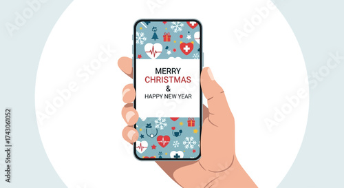 A modern flat design illustration showing a smartphone screen with a digital 'Merry Christmas & Happy New Year' greeting, blending healthcare themes with festive cheer. 