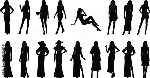 Women silhouettes, fashion poses, elegant outfits, casual styles, walking stance, sitting posture, black icons, vector design, stylish shapes, female figures