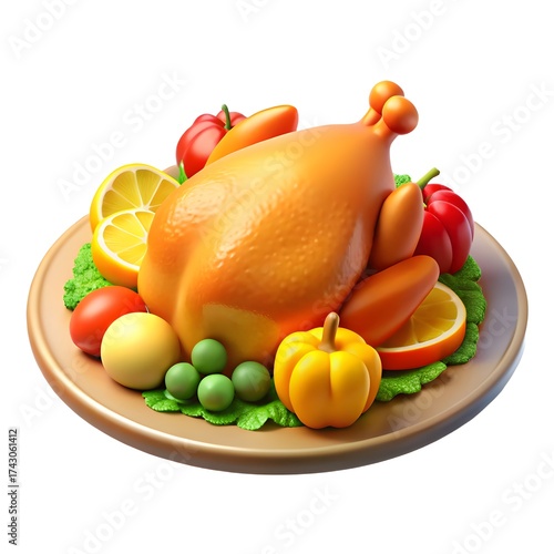Festive roasted chicken with assorted vegetables and pumpkin
