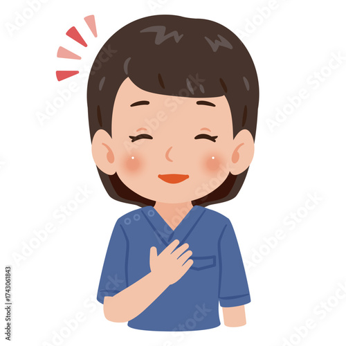 青色のスクラブを着た笑顔の女性　上半身イラスト／Smiling woman wearing blue scrubs　upper body illustration