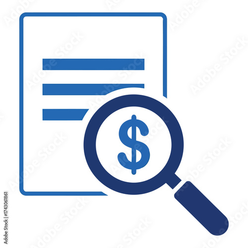 Icon vector art of magnifying glass over document with dollar sign