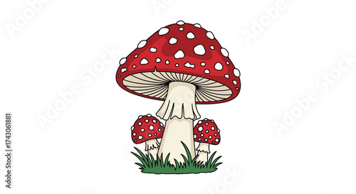 A vibrant red and white spotted toadstool mushroom with smaller mushrooms growing at its base on a patch of green grass.