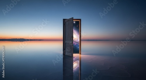 An open wooden door stands alone on a vast, reflective salt flat at twilight, revealing a bright, swirling galaxy inside, symbolizing opportunity, imagination, and a gateway to another dimension
