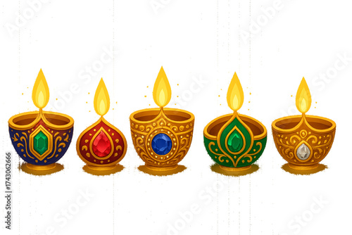 Five ornate golden oil lamps with glowing flames and colorful gemstones