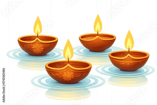 Four traditional orange-brown oil lamps with glowing flames placed on water