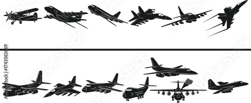 Aircraft icon set, silhouette graphics of planes, commercial jet, fighter jet, cargo aircraft, vintage biplane, minimal style, black design