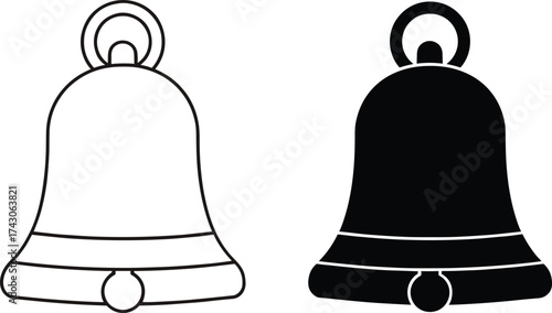 Bell icon set, outline and silhouette graphics, classic hanging bell shape, black line art, minimal style, sound symbol design