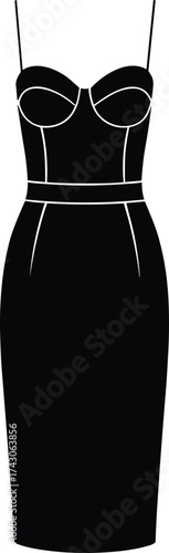 Bodycon dress icon, structured bodice silhouette, thin strap design, pencil skirt shape, black line art, minimal fashion style, elegant outfit