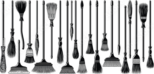 Broom icon set, silhouette cleaning tools, traditional sweep designs, black graphic symbols, household item, minimal style, vertical layout, cultural variation