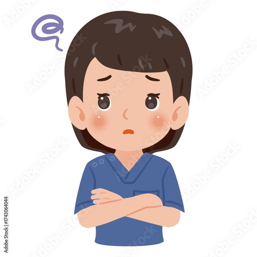 青色のスクラブを着た困る女性　上半身イラスト／ Troubled woman wearing blue scrubs　upper body illustration