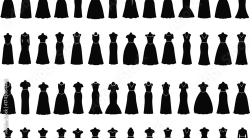 Dress icon set, women’s fashion silhouettes, gown, bodice, skirt, neckline styles, black line art, minimal design, clothing shapes