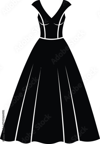 Evening gown icon, formal dress silhouette, deep V-neckline, pleated full skirt, black line art, minimal fashion style, elegant outfit