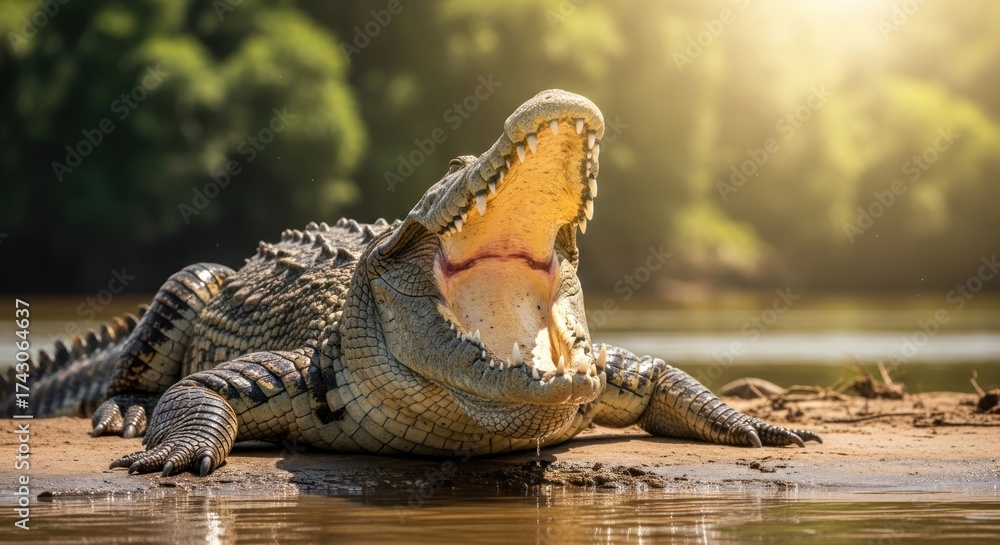 Obraz premium Large Crocodile with Open Mouth Basking in the Sun on a Riverbank.
