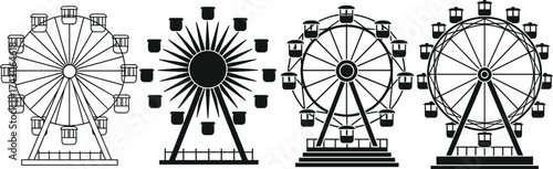 Ferris wheel icon set, amusement ride silhouettes, black graphic design, carnival attraction symbols, minimal style, entertainment structure, theme park