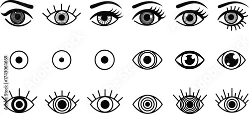 Eye icon set, stylized silhouette graphics, realistic, minimalist, abstract designs, black line art, visual symbol, minimal style, expression shapes