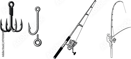 Fishing icon set, silhouette gear graphics, hook, rod, reel, angler action, black design, minimal style, outdoor activity symbol