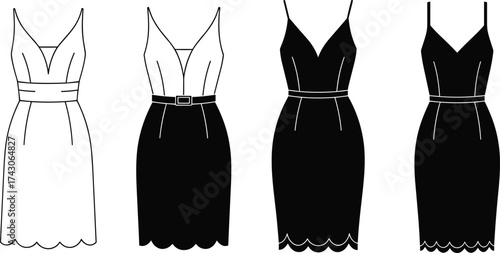 Formal dress icon set, V-neckline silhouette graphics, scalloped hem, belt detail, black line art, minimal fashion design, outfit shapes
