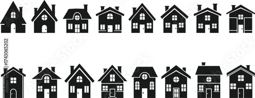 House icon set, residential building silhouettes, architectural style graphics, black line art, minimal design, home structure, roof window chimney