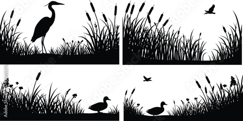 Silhouette of tropical beach umbrellas, lounge chairs, and grand piano under palm hut, representing summer vacation, seaside relaxation, and music harmony