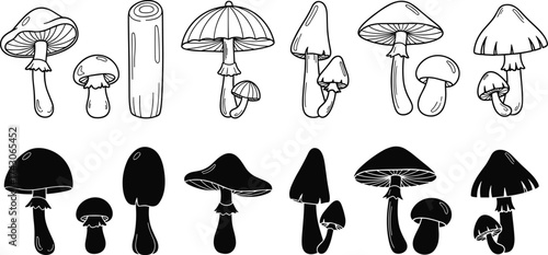 Mushroom icon set, silhouette and outline graphics, fungi illustration, black and white design, nature symbol, minimal style, botanical shapes