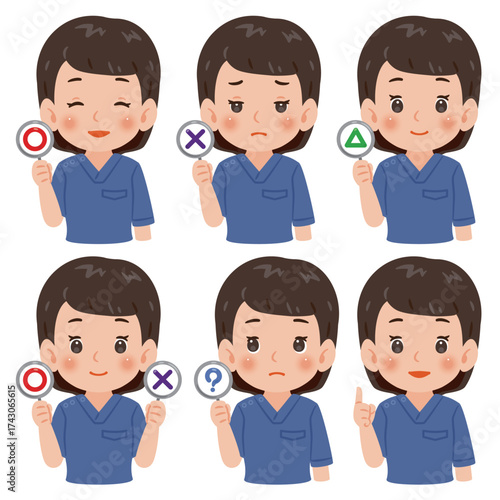 青色のマルとバツなどの札を持った青色のスクラブを着た女性　上半身イラスト／Woman wearing blue scrubs holding various signs such as O and X　upper body illustration