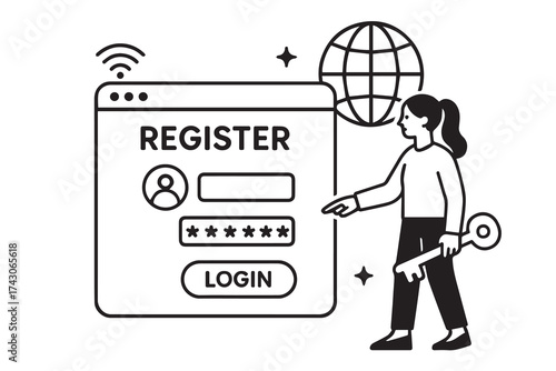 Vector graphic illustration of a woman teaching online registration steps through a large smartphone display, holding a key symbolizing strong password security.