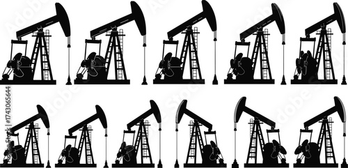Oil pumpjack icon set, silhouette extraction equipment, black graphic sequence, industrial machinery, crude oil operation, minimal style, energy symbol