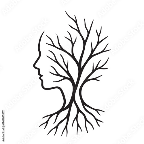 Abstract artistic vector depicting a symbolic tree with roots forming a human face, black and white tones outlined boldly in black for contrast.
