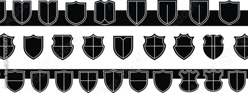 Shield icon set, black silhouette graphics, heraldic shapes, logo design elements, protective symbols, minimal style, outline shields, graphic grid
