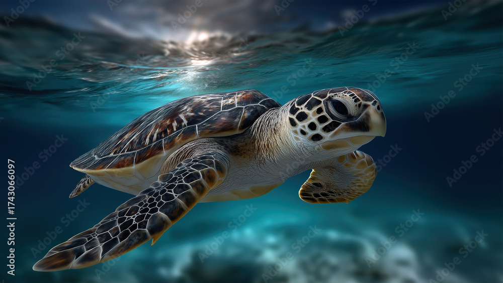 Fototapeta premium Sea turtle swimming gracefully in clear ocean water