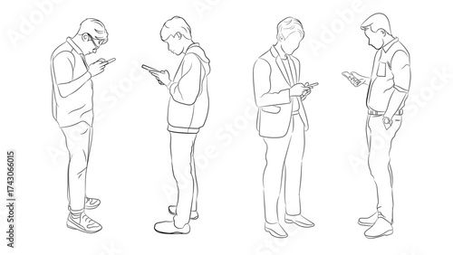 Outline vector illustration of four men looking at their smartphones. Concept of social networking, digital addiction, and modern communication