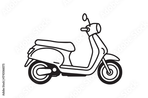 Minimalist vector artwork depicting a motor scooter, rendered in black and white with strong black outline symbolizing movement, simplicity, and everyday transportation.