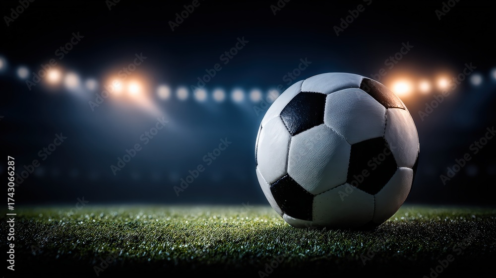 Naklejka premium A close-up of a soccer ball on grass, illuminated by stadium lights, set against a dark background, evoking a sense of anticipation and excitement for the game.
