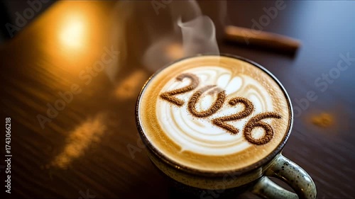 New Year's resolution for 2026 A hot cup of coffee with steam rising, symbolizing a fresh start and new beginnings for the upcoming year