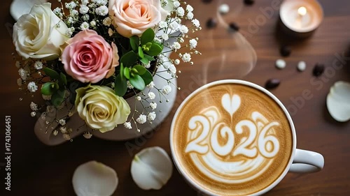 A cup of coffee with 2026 latte art sits on a wooden table next to a bouquet of fresh roses.